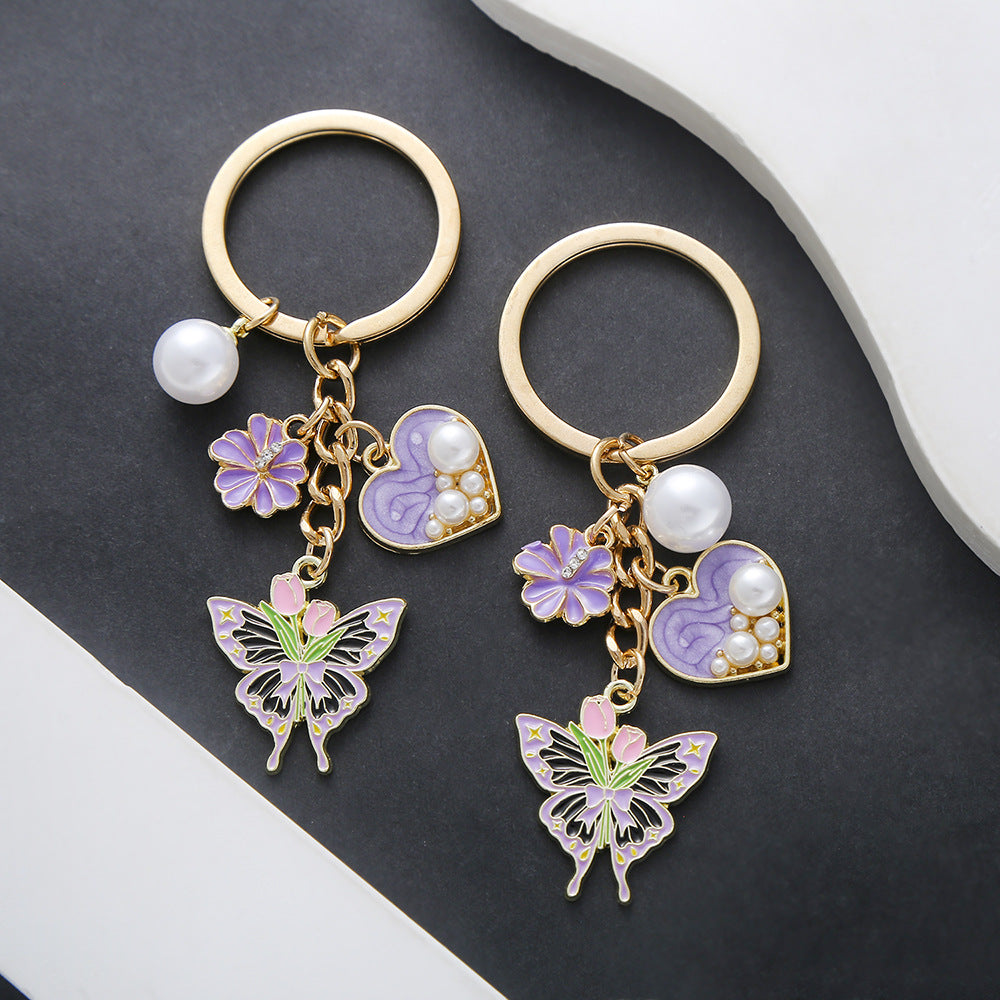 Wholesale New Product Oil Dropping Purple Love Pearl Simulation Tulip Flower Butterfly Keychain Jewelry Luggage Pendant